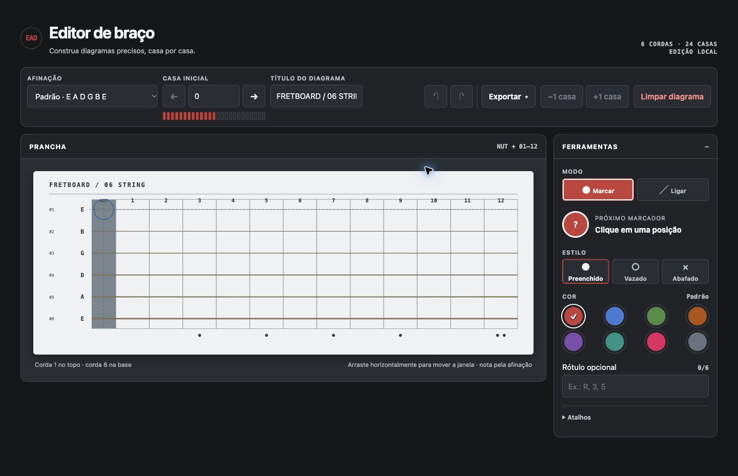 Interface do Fretboard Editor com grade de seis cordas, afinação, histórico e ferramentas de edição.